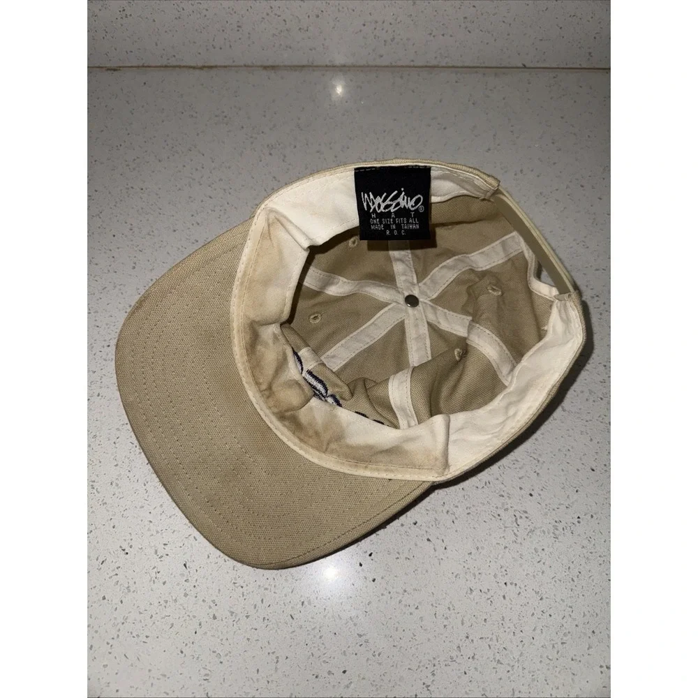 Vintage 90s Mossimo Embroidered Script Logo Canvas Baseball Cap Hat Beige Blue